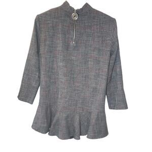 Zara Gray Red Glen Check Plaid Peplum Hem Mock Neck Top Women’s Size XS